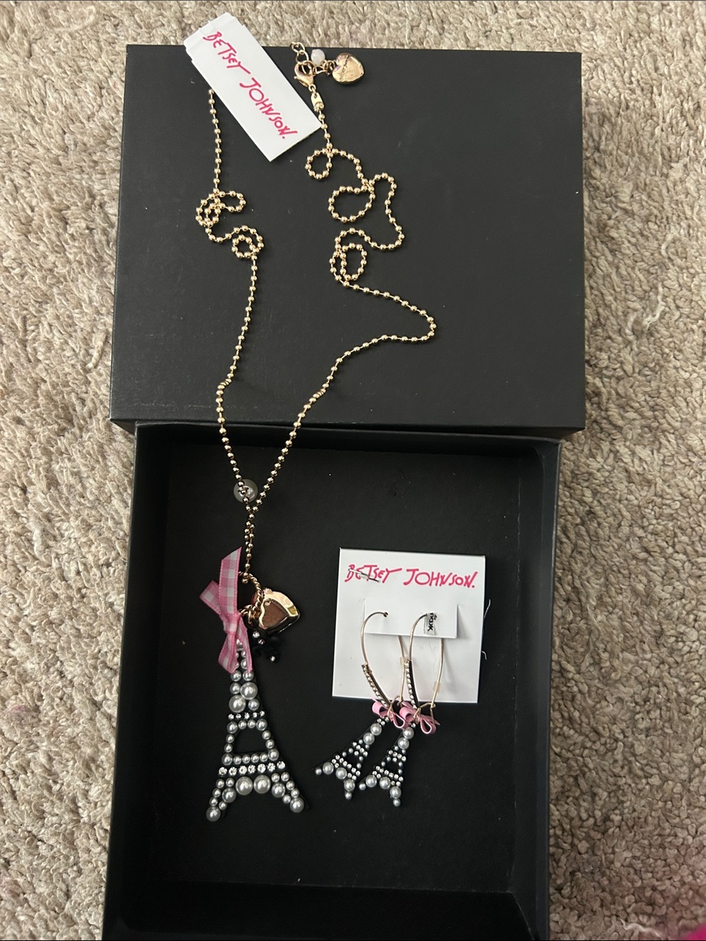 Betsey Johnson Gold-Tone Eiffel Tower Necklace & Earrings with Pink Ribbon